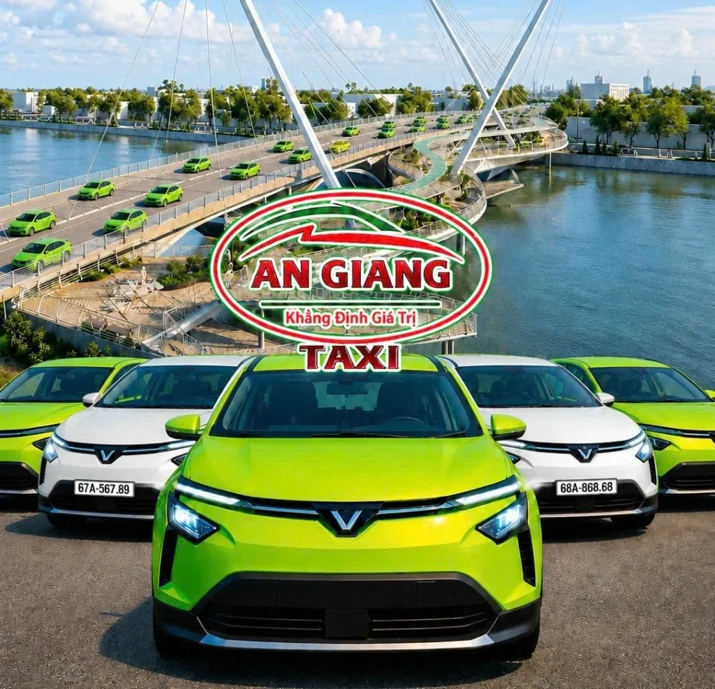 Đội xe taxi điện xanh l&aacute; của Taxi Điện An Giang